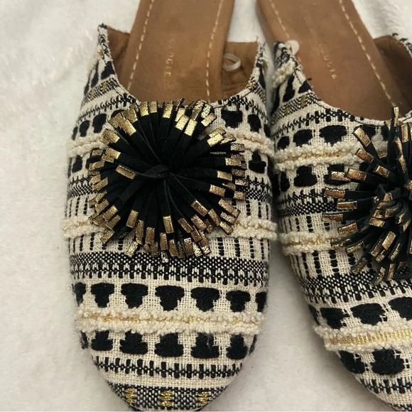 Anthropologie Dreamy Tweed Mule Slides Size 9 Black Gold Pompoms - Picture 9 of 9